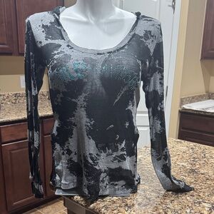 Stylish Black and Gray Long Sleeve sheer Women's Top